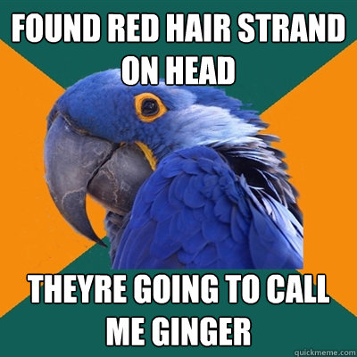 found red hair strand on head theyre going to call me ginger  Paranoid Parrot