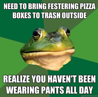 need to bring festering pizza boxes to trash outside realize you haven't been wearing pants all day  Foul Bachelor Frog