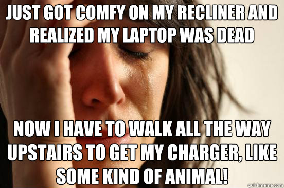 Just got comfy on my recliner and realized my laptop was dead Now I have to walk all the way upstairs to get my charger, like some kind of animal!  First World Problems