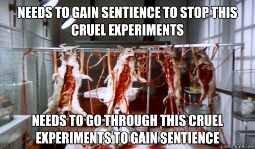 needs to gain sentience to stop this cruel experiments needs to go through this cruel experiments to gain sentience  In A Rut Mutt