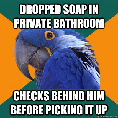 dropped soap in private bathroom checks behind him before picking it up  Paranoid Parrot