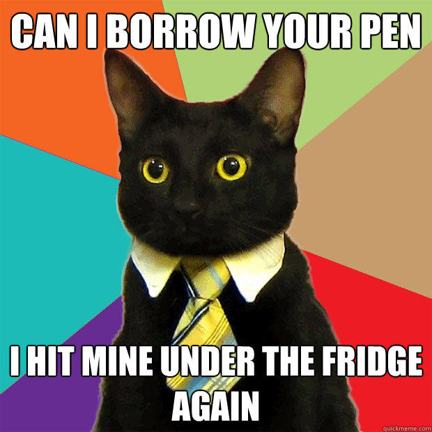 Can i borrow your pen i hit mine under the fridge again - Can i borrow your pen i hit mine under the fridge again  Business Cat