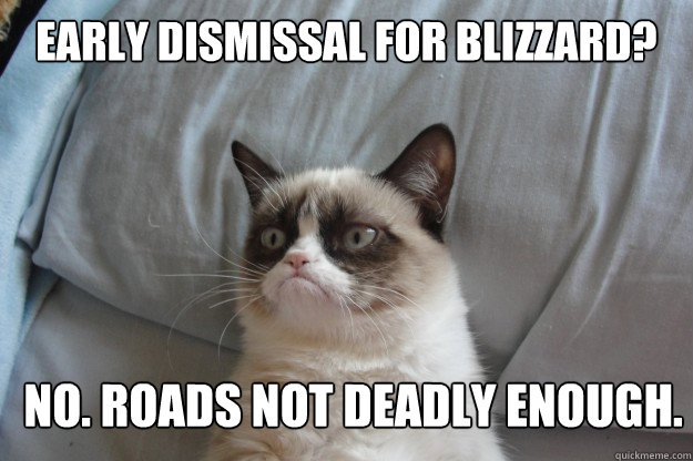 Early Dismissal for blizzard? No. Roads not deadly enough.  GrumpyCatOL