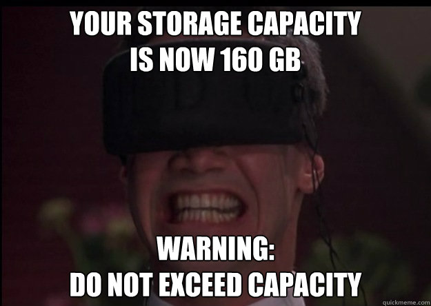 Your storage capacity
is now 160 GB WARNING:
Do not exceed capacity  Johnny Mnemonic Capacity