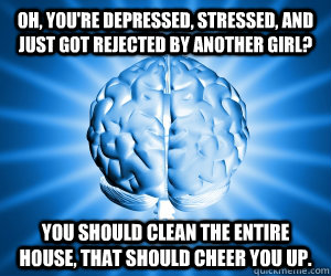 Oh, you're depressed, stressed, and just got rejected by another girl? You should clean the entire house, that should cheer you up.  Good Guy Brain