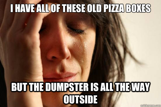 I have all of these old pizza boxes but the dumpster is all the way outside  First World Problems