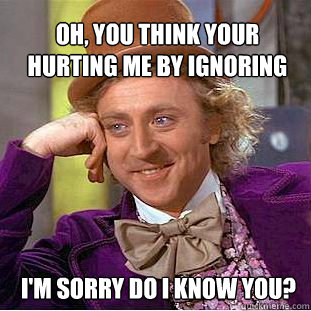 OH, YOU THINK YOUR HURTING ME BY IGNORING ME? I'M SORRY DO I KNOW YOU?  Willy Wonka Meme