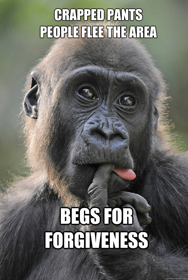 Crapped pants
People flee the area Begs for forgiveness  Goofy Gorilla