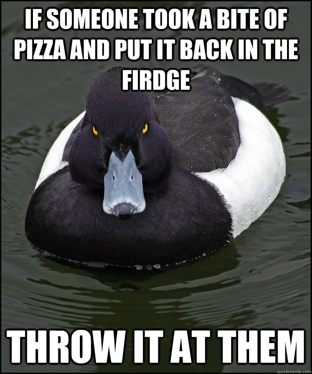 if someone took a bite of pizza and put it back in the firdge throw it at them - if someone took a bite of pizza and put it back in the firdge throw it at them  Angry Advice Duck