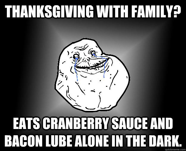 thanksgiving with family? Eats cranberry sauce and bacon lube alone in the dark.  