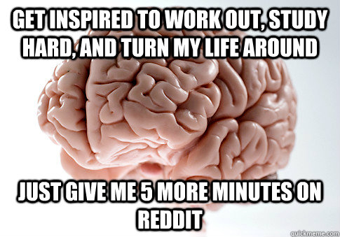 GET INSPIRED TO WORK OUT, STUDY HARD, AND TURN MY LIFE AROUND JUST GIVE ME 5 MORE MINUTES ON REDDIT   Scumbag Brain