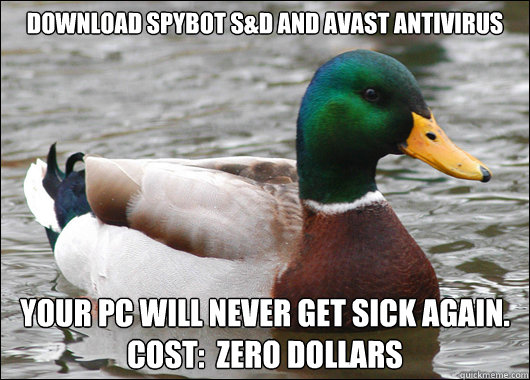 download Spybot S&D and avast antivirus your pc will never get sick again.  cost:  zero dollars  Actual Advice Mallard