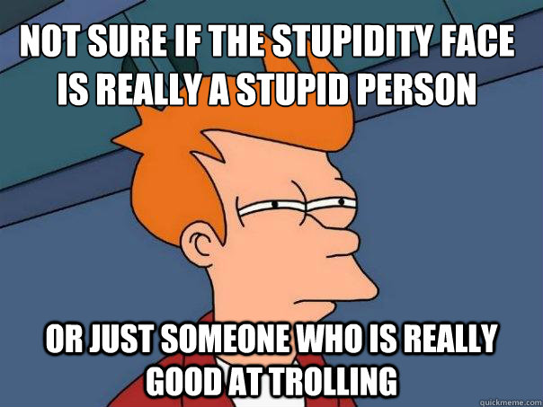 Not sure if the stupidity face is really a stupid person Or just someone who is really good at trolling - Not sure if the stupidity face is really a stupid person Or just someone who is really good at trolling  Futurama Fry