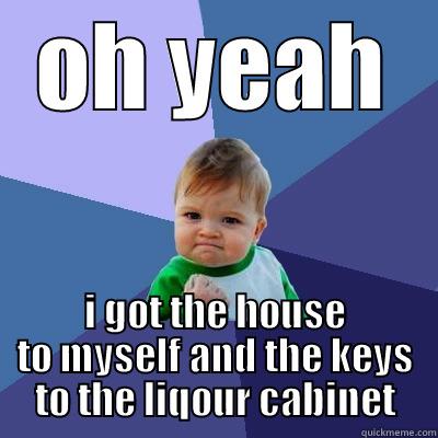 OH YEAH I GOT THE HOUSE TO MYSELF AND THE KEYS TO THE LIQOUR CABINET Success Kid