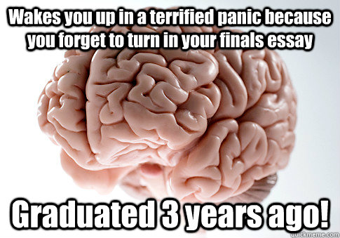 Wakes you up in a terrified panic because you forget to turn in your finals essay Graduated 3 years ago!   Scumbag Brain