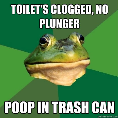 Toilet's clogged, no plunger poop in trash can  Foul Bachelor Frog