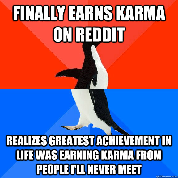 finally earns karma on reddit realizes greatest achievement in life was earning karma from people I'll never meet  Socially Awesome Awkward Penguin