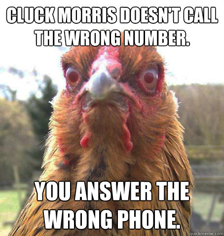 Cluck Morris doesn't call the wrong number.  You answer the wrong phone.
 - Cluck Morris doesn't call the wrong number.  You answer the wrong phone.
  RageChicken