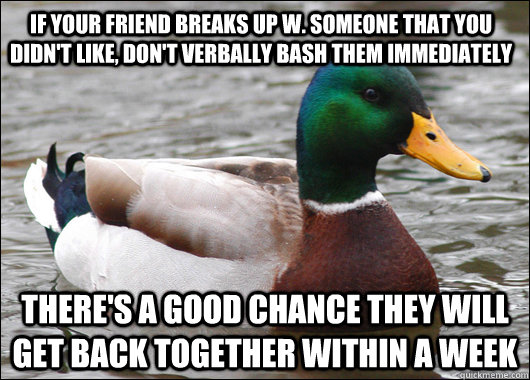 If your friend breaks up w. someone that you didn't like, don't verbally bash them immediately there's a good chance they will get back together within a week  Actual Advice Mallard