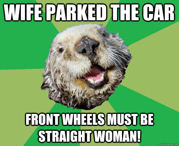 wife parked the car front wheels must be straight woman!  OCD Otter