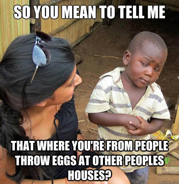 SO YOU MEAN TO TELL ME THAT WHERE YOU'RE FROM PEOPLE THROW EGGS AT OTHER PEOPLES HOUSES?  Skeptical Third World Baby