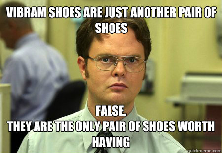 Vibram shoes are just another pair of shoes false.
they are the ONLY pair of shoes worth having  Schrute