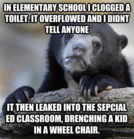 In elementary school I clogged a toilet. it overflowed and i didnt tell anyone It then leaked into the sepcial ed classroom, drenching a kid in a wheel chair.  Confession Bear