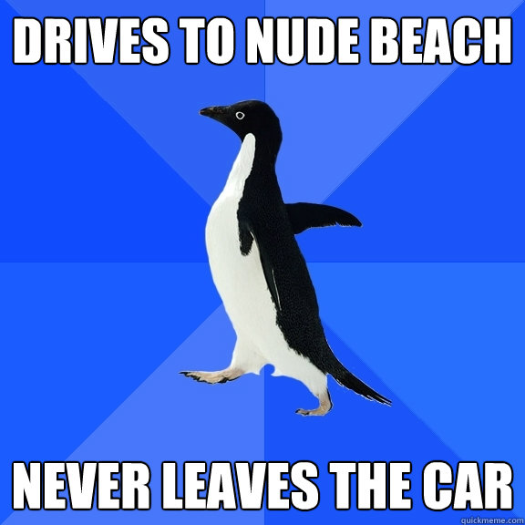 drives to nude beach never leaves the car  Socially Awkward Penguin