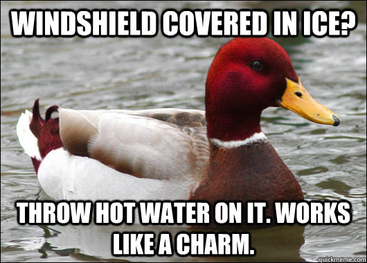 Windshield covered in ice? throw hot water on it. Works like a charm.  Malicious Advice Mallard