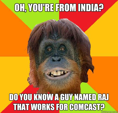 oh, you're from india? do you know a guy named raj that works for comcast? - oh, you're from india? do you know a guy named raj that works for comcast?  Culturally Oblivious Orangutan