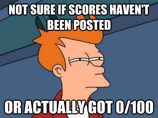 Not sure if scores haven't been posted Or actually got 0/100  Futurama Fry