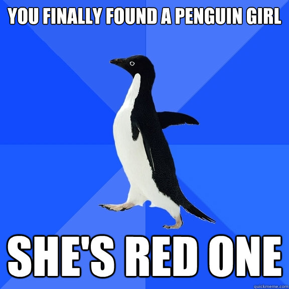 You finally found a penguin girl She's red one  Socially Awkward Penguin