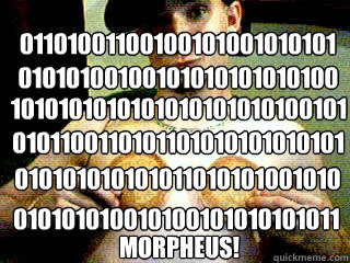 0110100110010010100101010101 010101001001010101010101001 MORPHEUS! 1010101010101010101010100101 0101100110101101010101010101 010101010101011010101001010 0101010100101001010101010110  