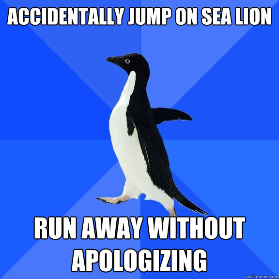 Accidentally jump on sea lion Run away without apologizing  Socially Awkward Penguin