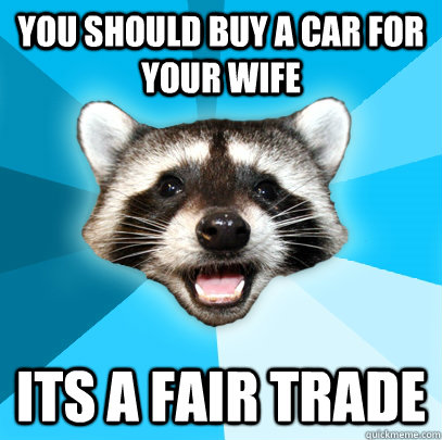 YOU SHOULD BUY A CAR FOR YOUR WIFE ITS A FAIR TRADE  Lame Pun Coon