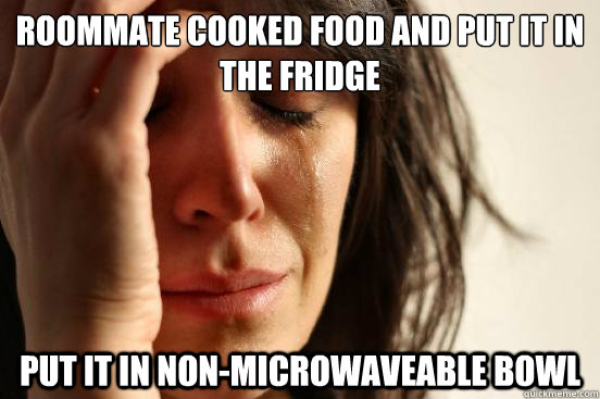roommate cooked food and put it in the fridge put it in non-microwaveable bowl  First World Problems