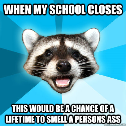 WHEN MY SCHOOL CLOSES  THIS WOULD BE A CHANCE OF A  LIFETIME TO SMELL A PERSONS ASS  Lame Pun Coon