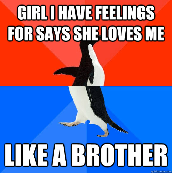Girl i have feelings for Says She loves me like a brother  Socially Awesome Awkward Penguin