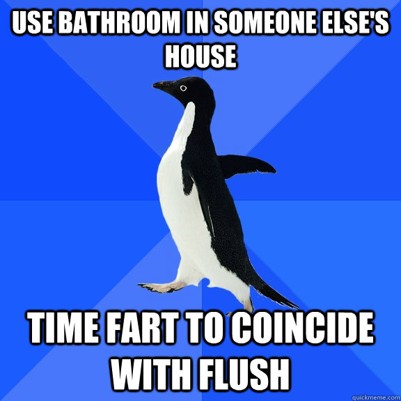 use bathroom in someone else's house time fart to coincide with flush  Socially Awkward Penguin