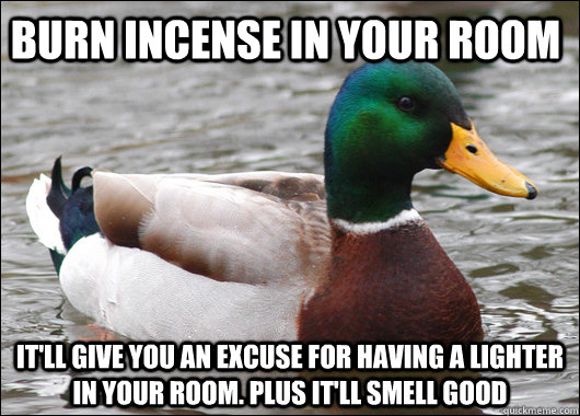 Burn incense in your room It'll give you an excuse for having a lighter in your room. Plus it'll smell good  Actual Advice Mallard