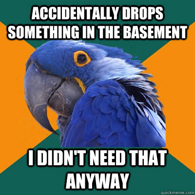 Accidentally drops something in the basement  I didn't need that anyway  Paranoid Parrot