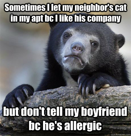 Sometimes I let my neighbor's cat in my apt bc I like his company but don't tell my boyfriend bc he's allergic  Confession Bear