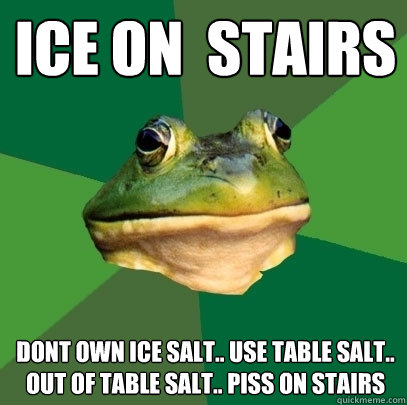 Ice on  stairs  Dont own ice salt.. Use Table Salt.. out of table salt.. piss on stairs   Foul Bachelor Frog