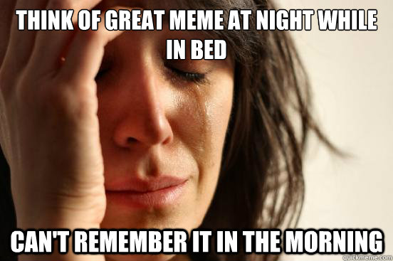 Think of great meme at night while in bed Can't remember it in the morning  First World Problems