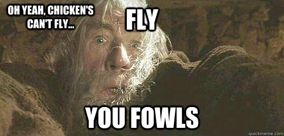 Fly you fowls oh yeah, chicken's can't fly...  Advice gandalf