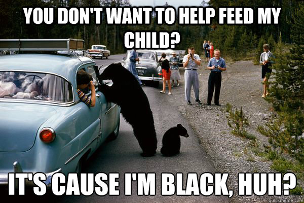 You don't want to help feed my child? It's cause I'm black, huh?
 - You don't want to help feed my child? It's cause I'm black, huh?
  Ghetto bear