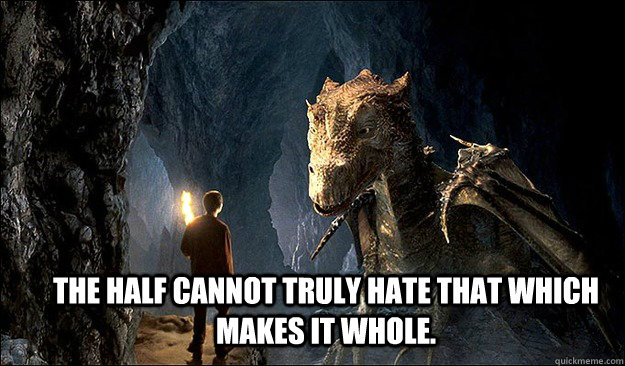 The half cannot truly hate that which makes it whole. - The half cannot truly hate that which makes it whole.  The Great Dragons wise words