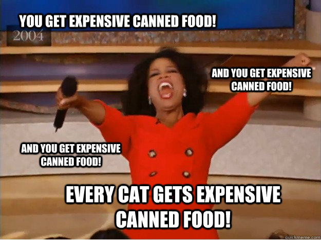 You get expensive canned food! every cat gets expensive canned food! and you get expensive canned food! and you get expensive canned food!  oprah you get a car