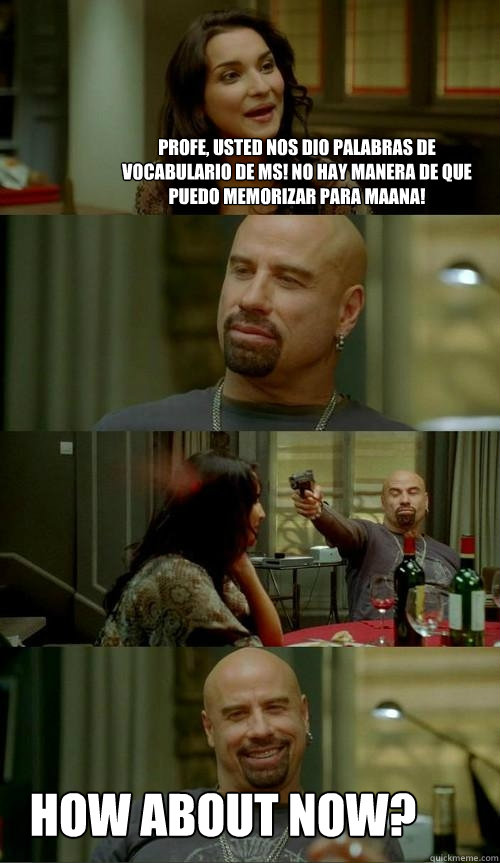 Profe, usted nos dio palabras de vocabulario de más! no hay manera de que puedo memorizar para mañana! how about now?  Skinhead John