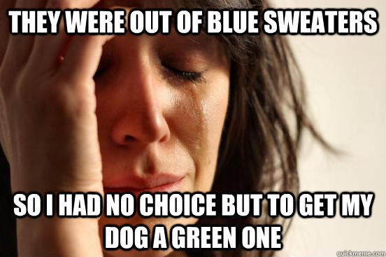 They were out of blue sweaters So I had no choice but to get my dog a green one  First World Problems